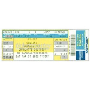 Vintage 2002 Santana Full Complete Concert Ticket Stub Charlotte NC